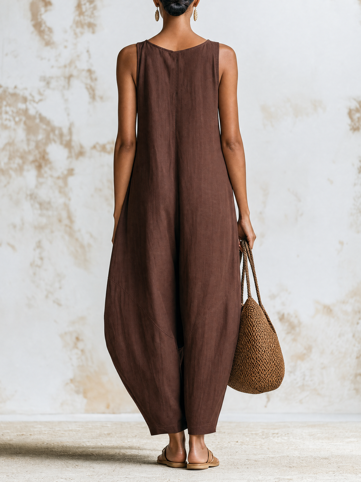 Chocolate‑Brown Sleeveless Linen Oversized Wide‑Leg Jumpsuit