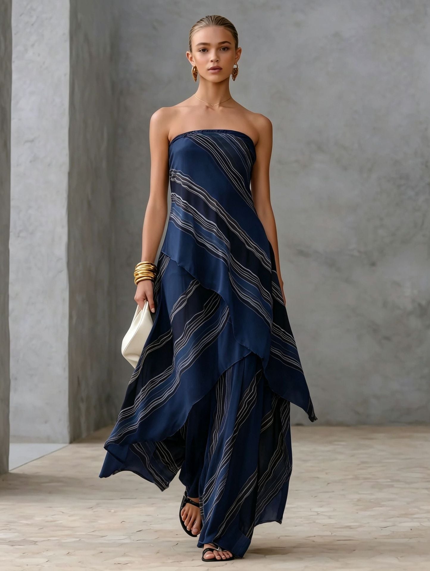 Neutral Diagonal Stripe Strapless Tiered Chiffon Maxi Dress
