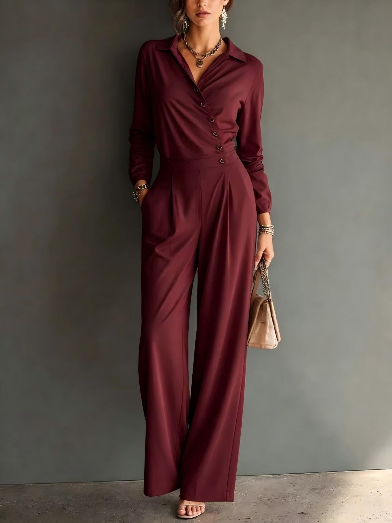 Asymmetric Wrap Shirt Wide Leg Pleated Jumpsuit