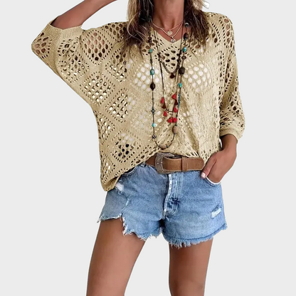 Womens Bohemian-Inspired Beige Crochet Top with V-Neck