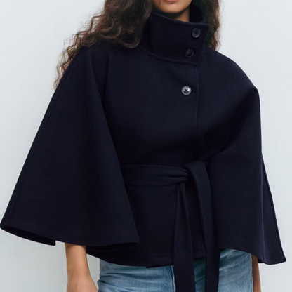 Women's Wool Blend Poncho Coat Oversized Belted Stand Collar Cropped
