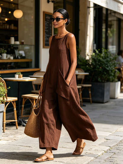 Chocolate‑Brown Sleeveless Linen Oversized Wide‑Leg Jumpsuit
