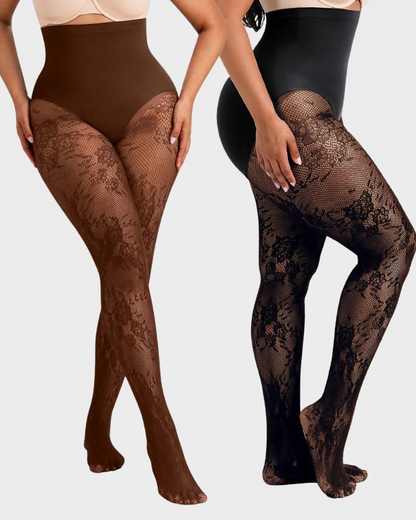 High-Waisted Floral Lace Shaping Tights