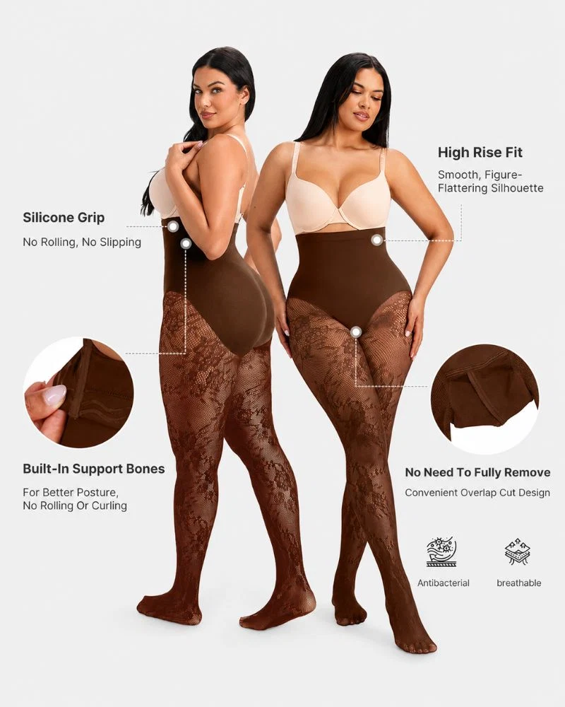 High-Waisted Floral Lace Shaping Tights