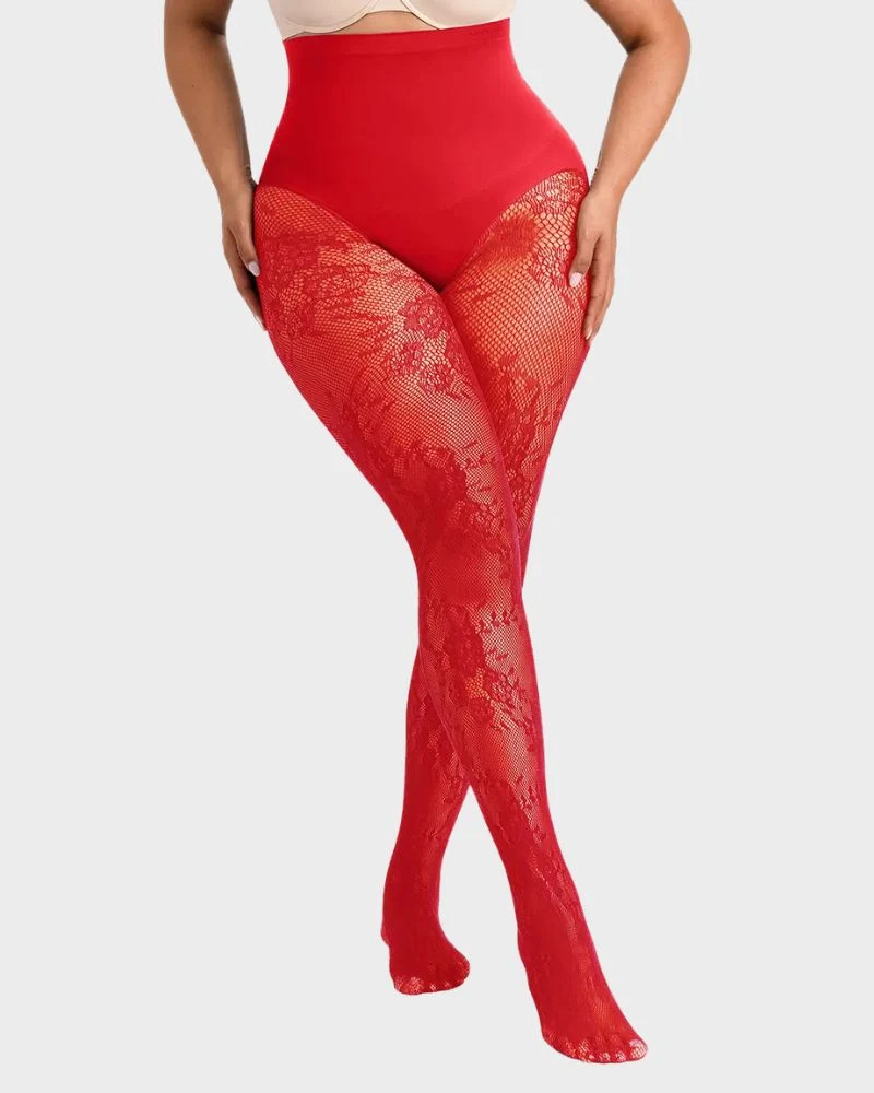 High-Waisted Floral Lace Shaping Tights