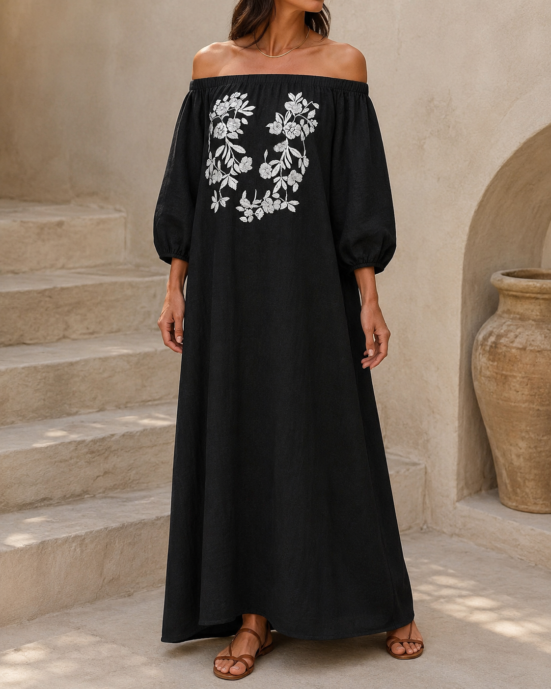 Linen Off Shoulder Floral Embroidery Balloon Sleeve Maxi Dress
