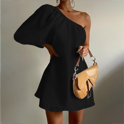 Aegean Cotton Linen One Sleeve Short Dress