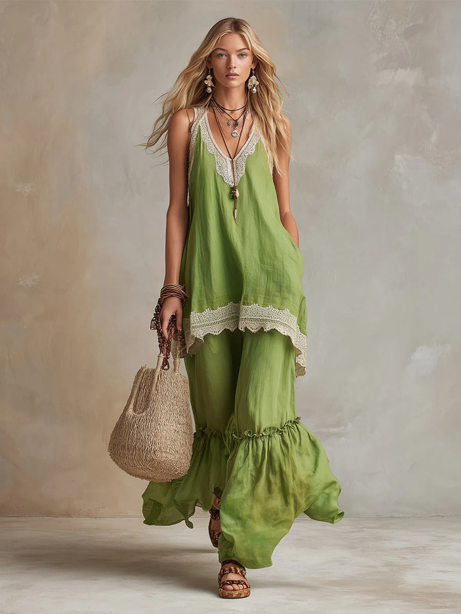 White Lace-Trim Tunic & Ruffle Pants Set