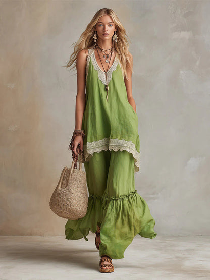 White Lace-Trim Tunic & Ruffle Pants Set