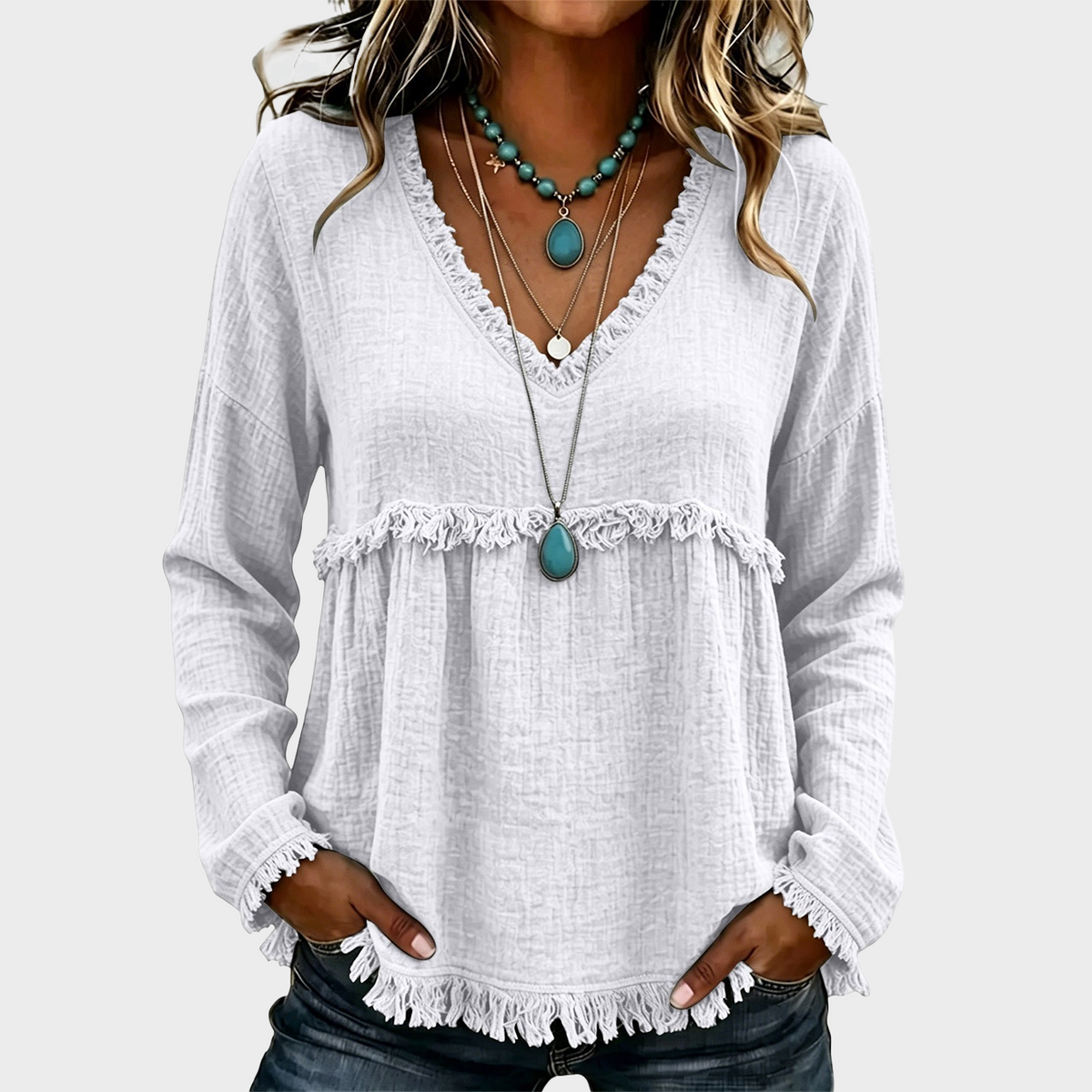 Women’s Boho V Neck Long Sleeve Fringe Top