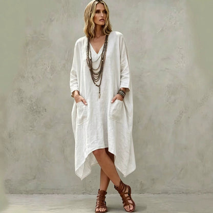 Linen Blend V-Neck 3/4 Sleeve Irregular Hem Midi Dress With Side Pockets