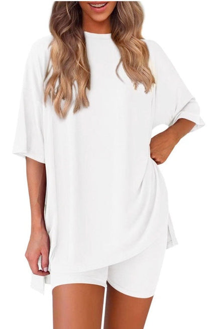 Casual Oversized 2-Piece Lounge Set with Crewneck & Split Hem