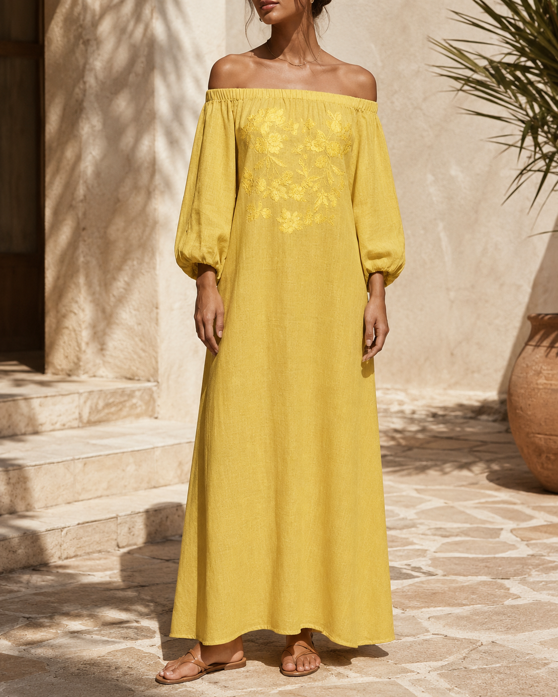 Linen Off Shoulder Floral Embroidery Balloon Sleeve Maxi Dress