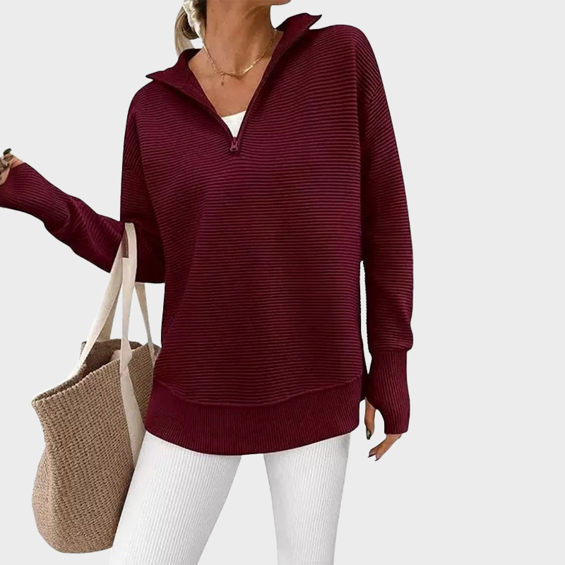 Ribbed Quarter-Zip Thumbhole Knit Pullover