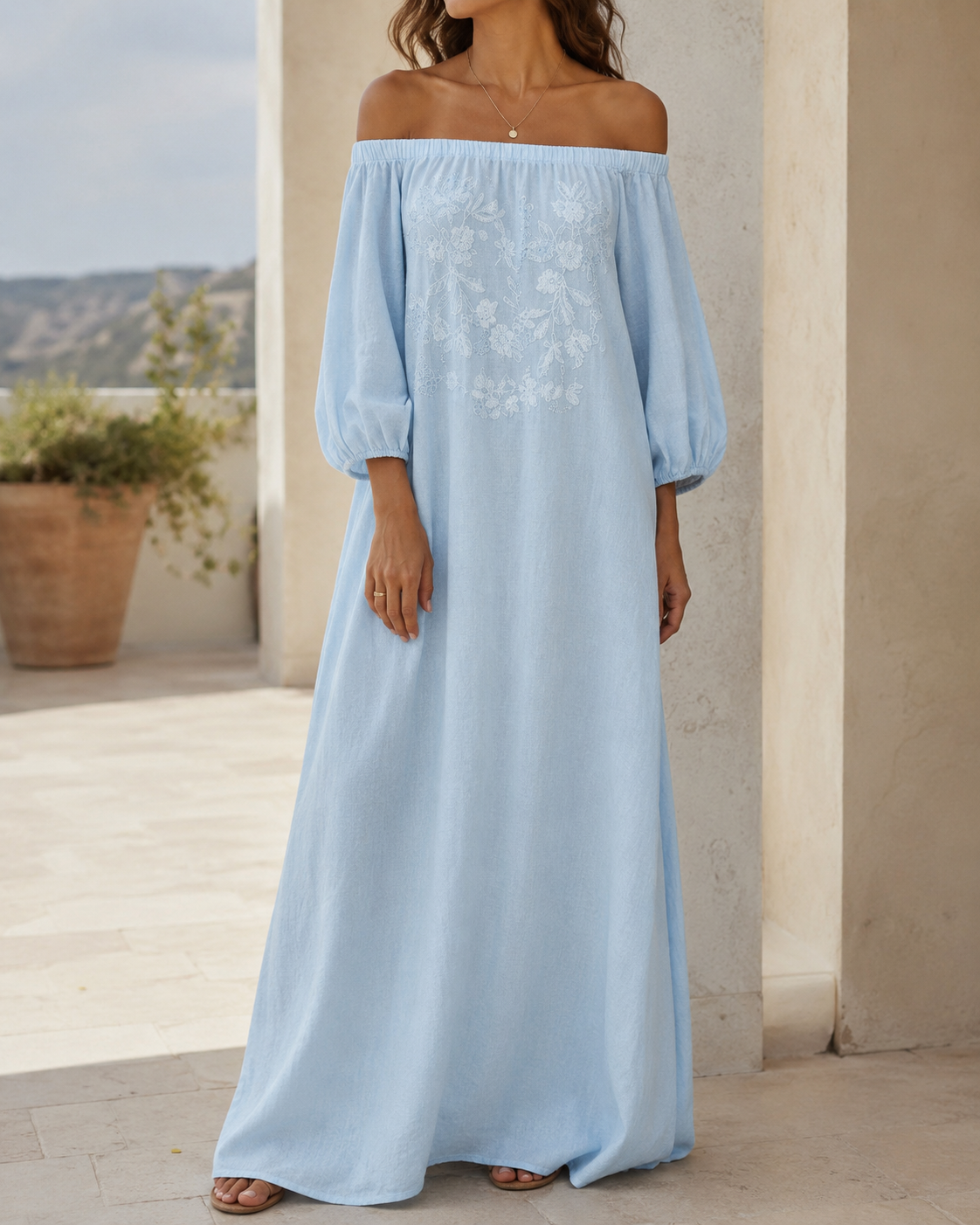 Linen Off Shoulder Floral Embroidery Balloon Sleeve Maxi Dress