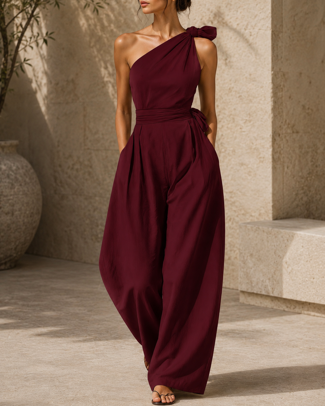 Sleeveless Slanted Shoulder Waist Jumpsuit