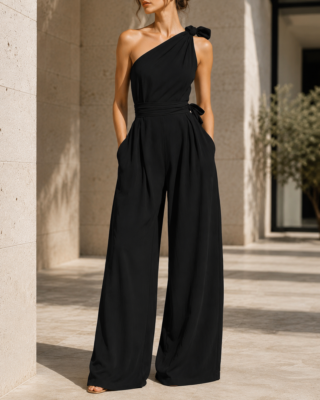 Sleeveless Slanted Shoulder Waist Jumpsuit