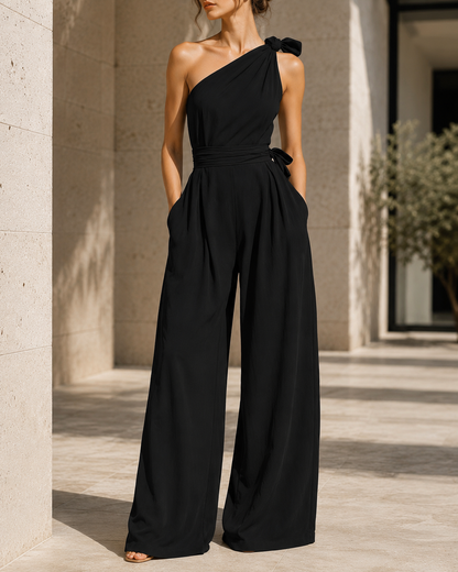 Sleeveless Slanted Shoulder Waist Jumpsuit