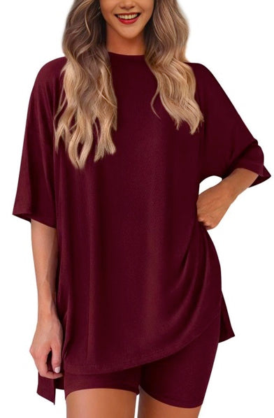 Casual Oversized 2-Piece Lounge Set with Crewneck & Split Hem