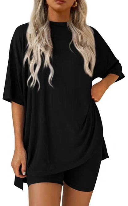 Casual Oversized 2-Piece Lounge Set with Crewneck & Split Hem