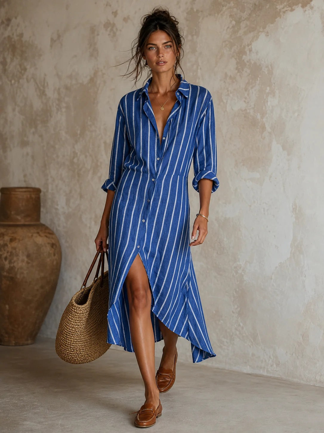 Vertical Stripe Linen Shirt Asymmetrical High Low Midi Dress