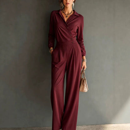 Asymmetric Wrap Shirt Wide Leg Pleated Jumpsuit