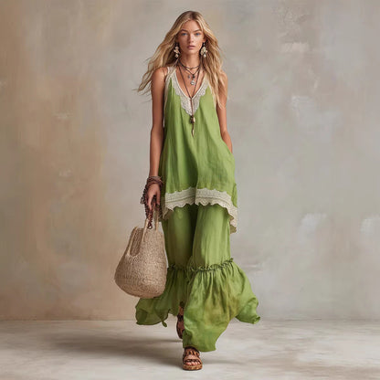 White Lace-Trim Tunic & Ruffle Pants Set