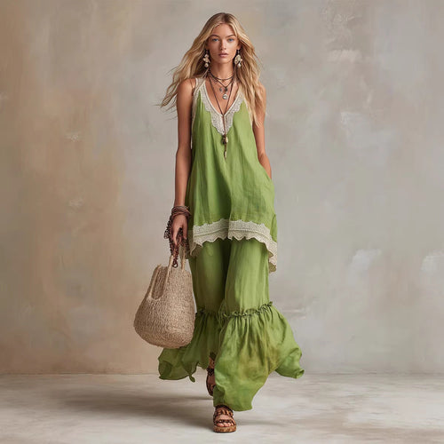 White Lace-Trim Tunic & Ruffle Pants Set