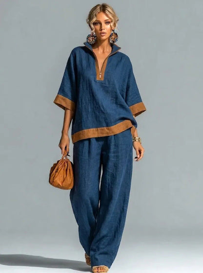 Linen Contrast Brown Trim Half Zip Collar Loose Two Piece Wide Leg Pant Set