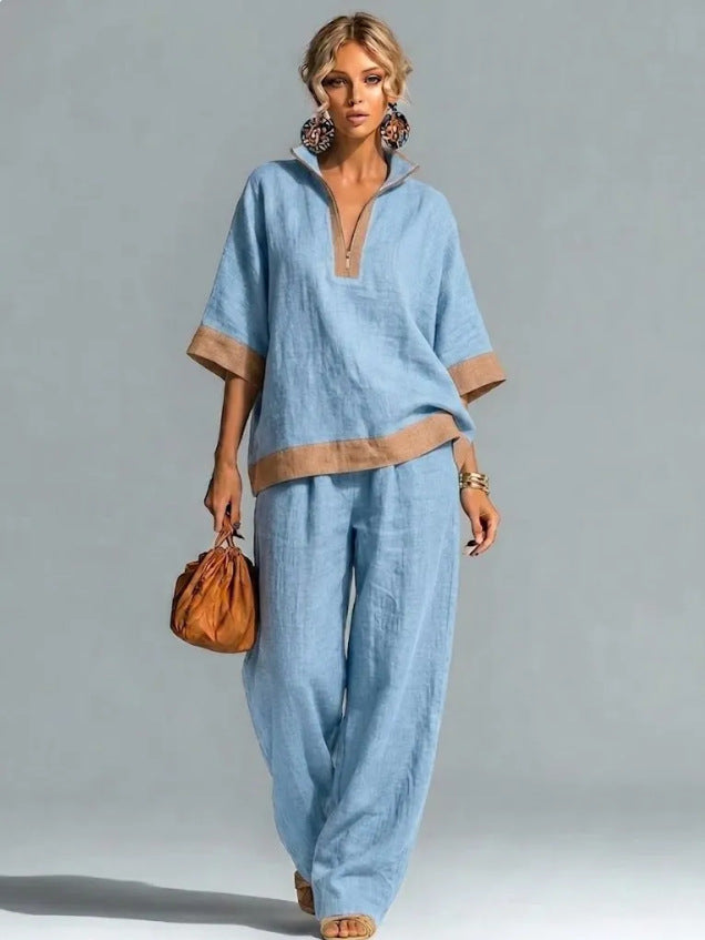 Linen Contrast Brown Trim Half Zip Collar Loose Two Piece Wide Leg Pant Set