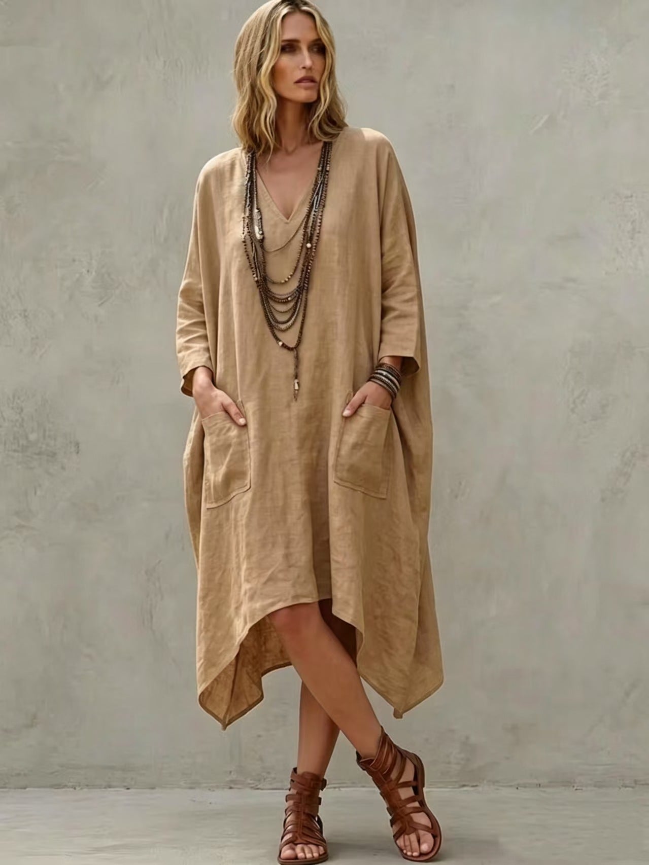 Linen Blend V-Neck 3/4 Sleeve Irregular Hem Midi Dress With Side Pockets