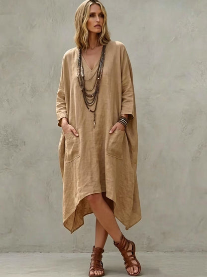 Linen Blend V-Neck 3/4 Sleeve Irregular Hem Midi Dress With Side Pockets