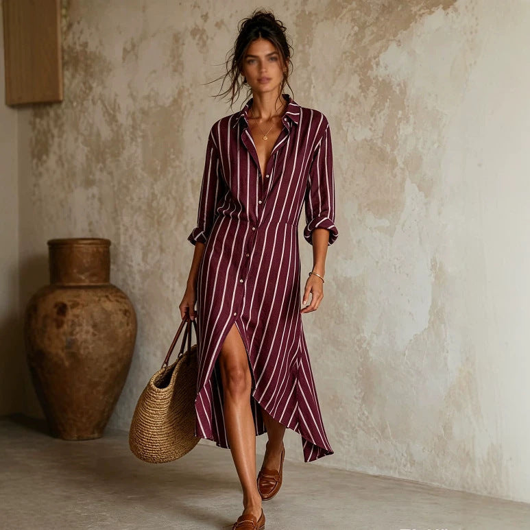 Vertical Stripe Linen Shirt Asymmetrical High Low Midi Dress