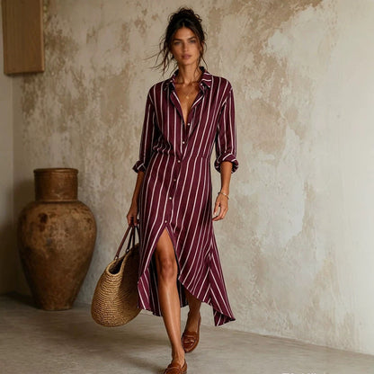 Vertical Stripe Linen Shirt Asymmetrical High Low Midi Dress