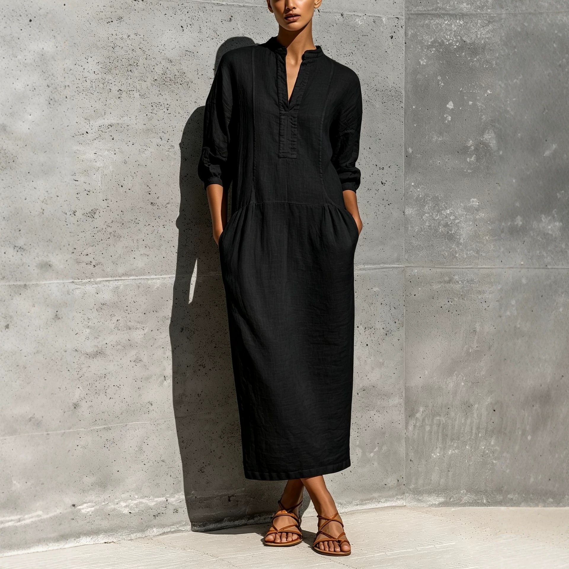 Linen Stand Collar Split V 3/4 Sleeve Drop Pocket Midi Dress