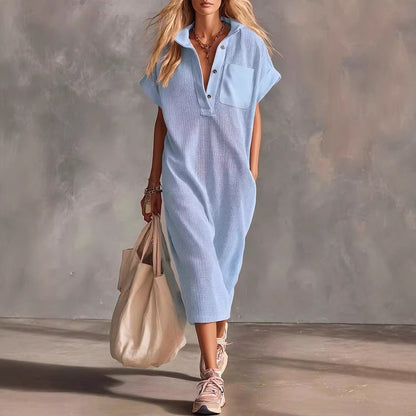 Waffle Knit Collared Midi Shirt Dress | Casual Loose Pocket Summer Dress