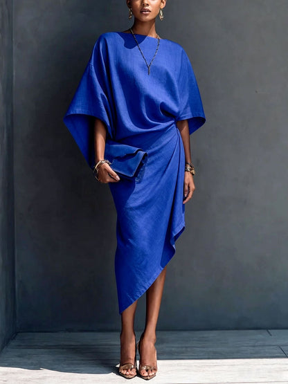 Linen Oversized Dolman Wrap Asymmetric Midi Dress