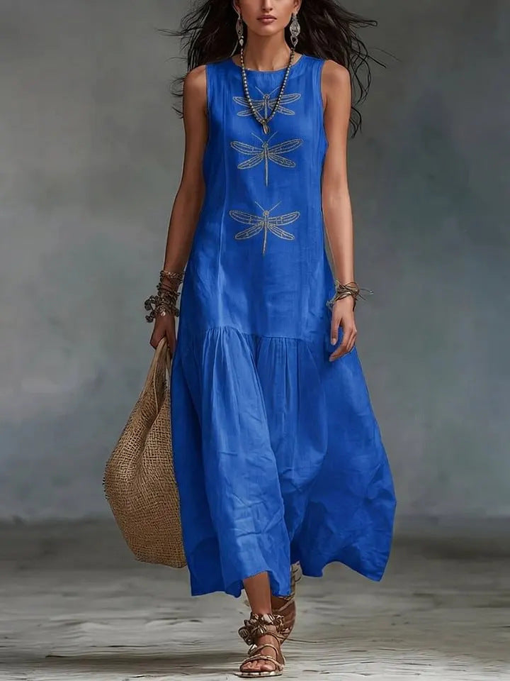 Linen Dragonfly Embroidery Sleeveless Tiered Maxi Dress