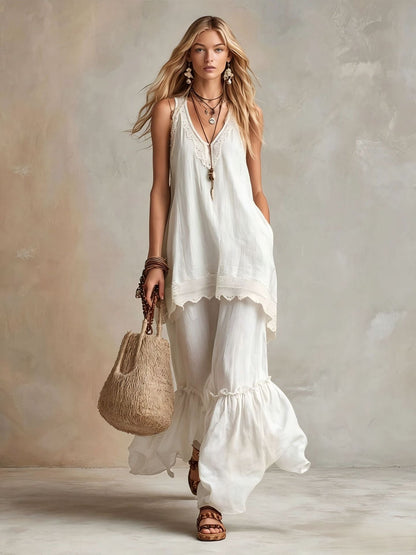 White Lace-Trim Tunic & Ruffle Pants Set