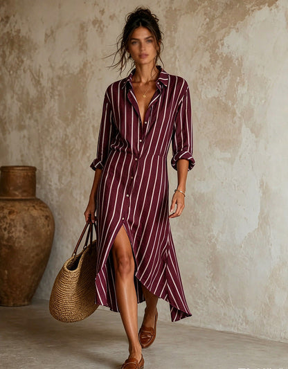 Vertical Stripe Linen Shirt Asymmetrical High Low Midi Dress