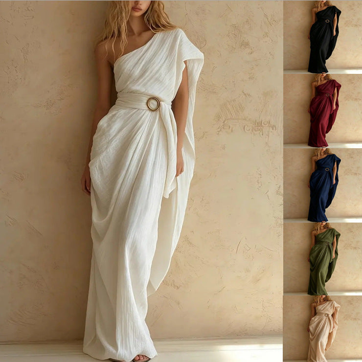 One-Shoulder Draped Belted Maxi Dress
