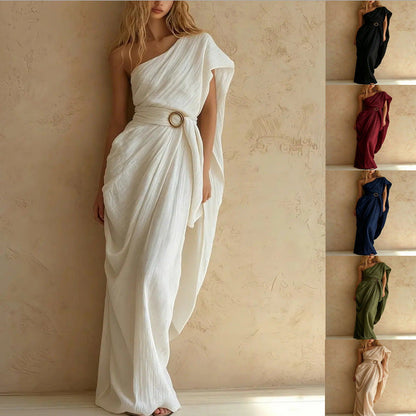 One-Shoulder Draped Belted Maxi Dress
