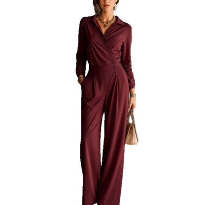Asymmetric Wrap Shirt Wide Leg Pleated Jumpsuit