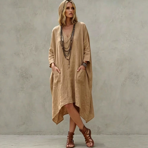 Linen Blend V-Neck 3/4 Sleeve Irregular Hem Midi Dress With Side Pockets