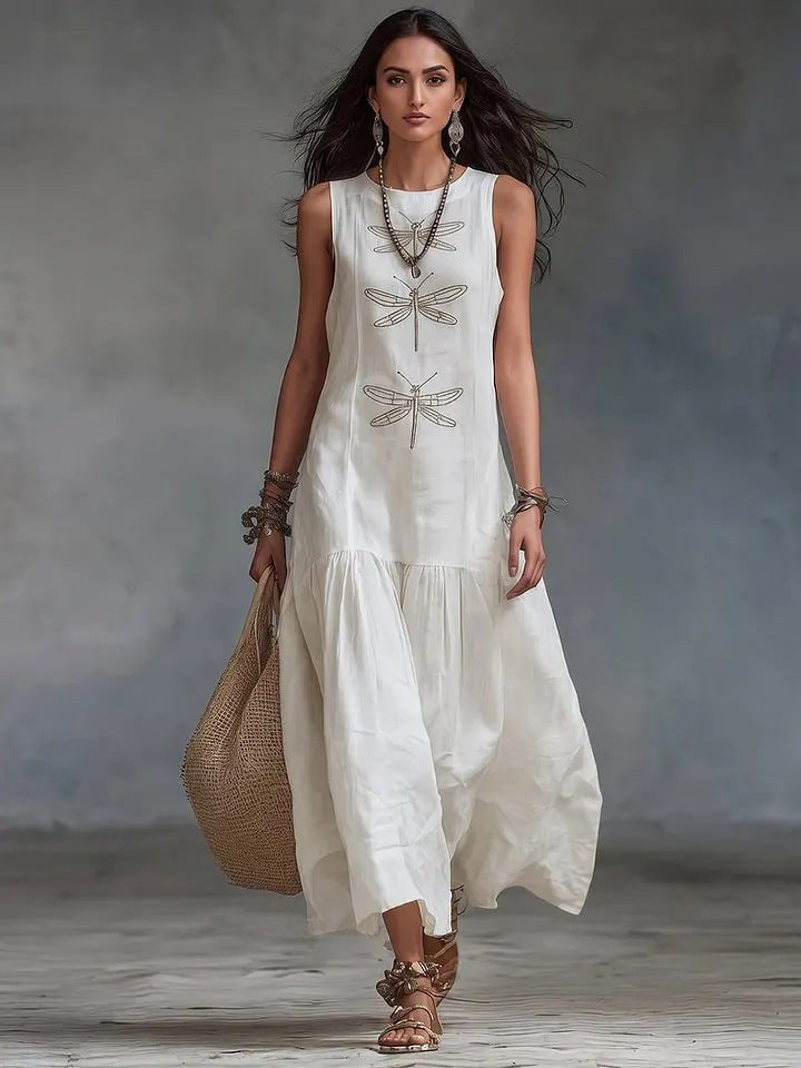 Linen Dragonfly Embroidery Sleeveless Tiered Maxi Dress