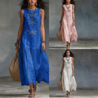 Linen Dragonfly Embroidery Sleeveless Tiered Maxi Dress