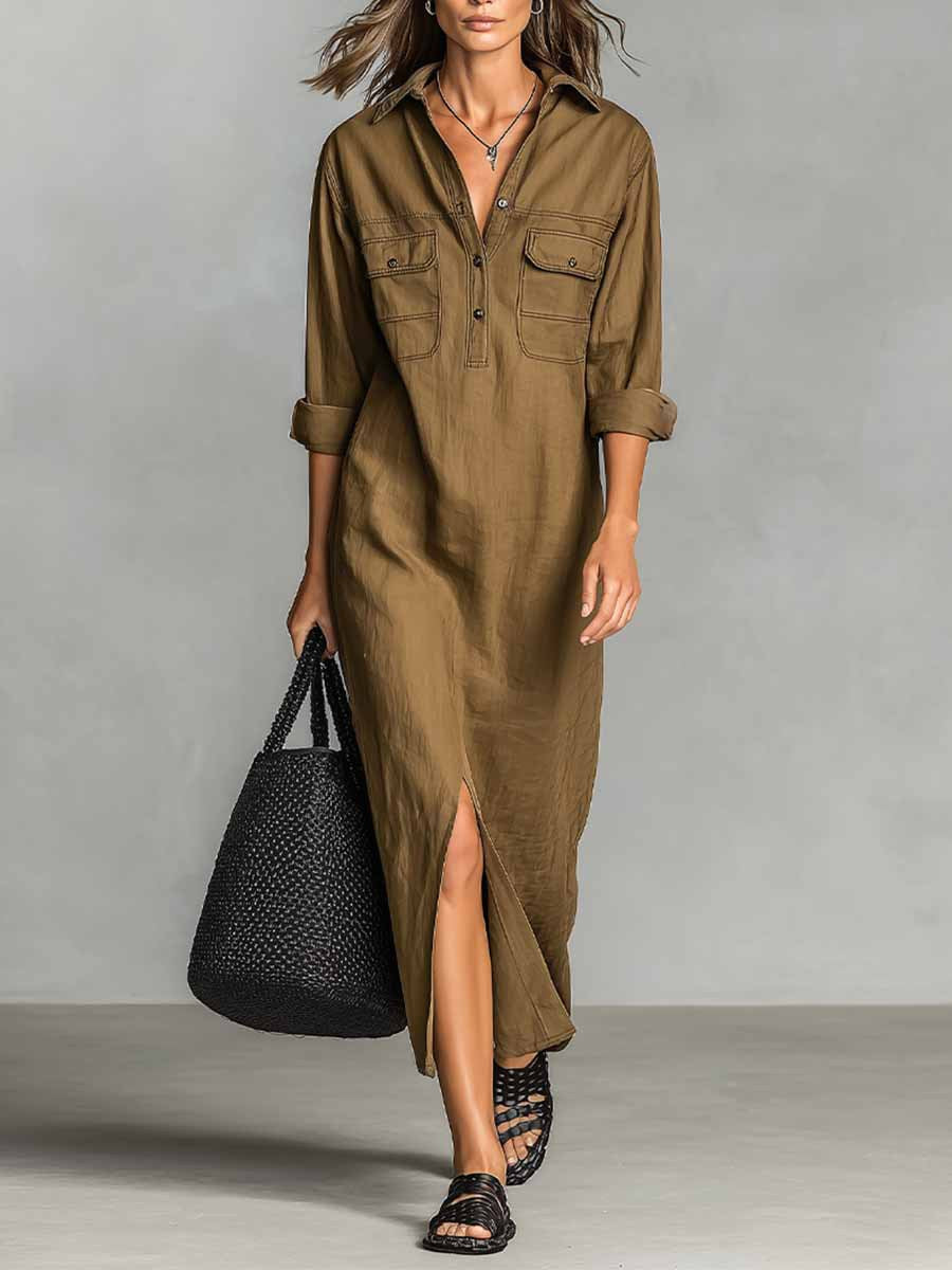 Olive Brown Linen Half Button Cargo Pocket Shirt Midi Dress