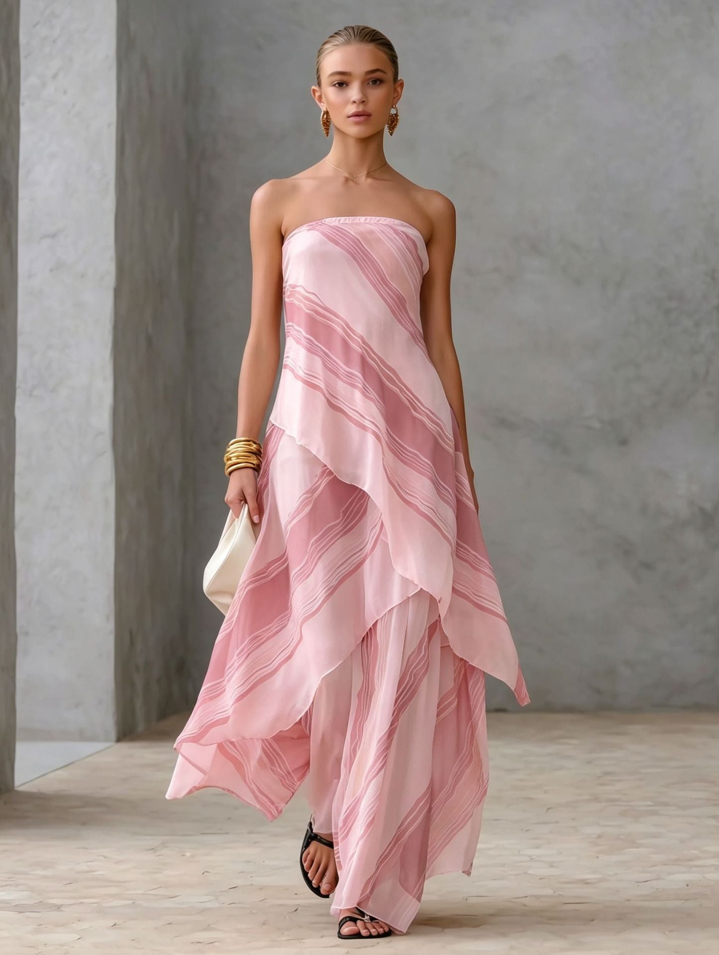 Neutral Diagonal Stripe Strapless Tiered Chiffon Maxi Dress