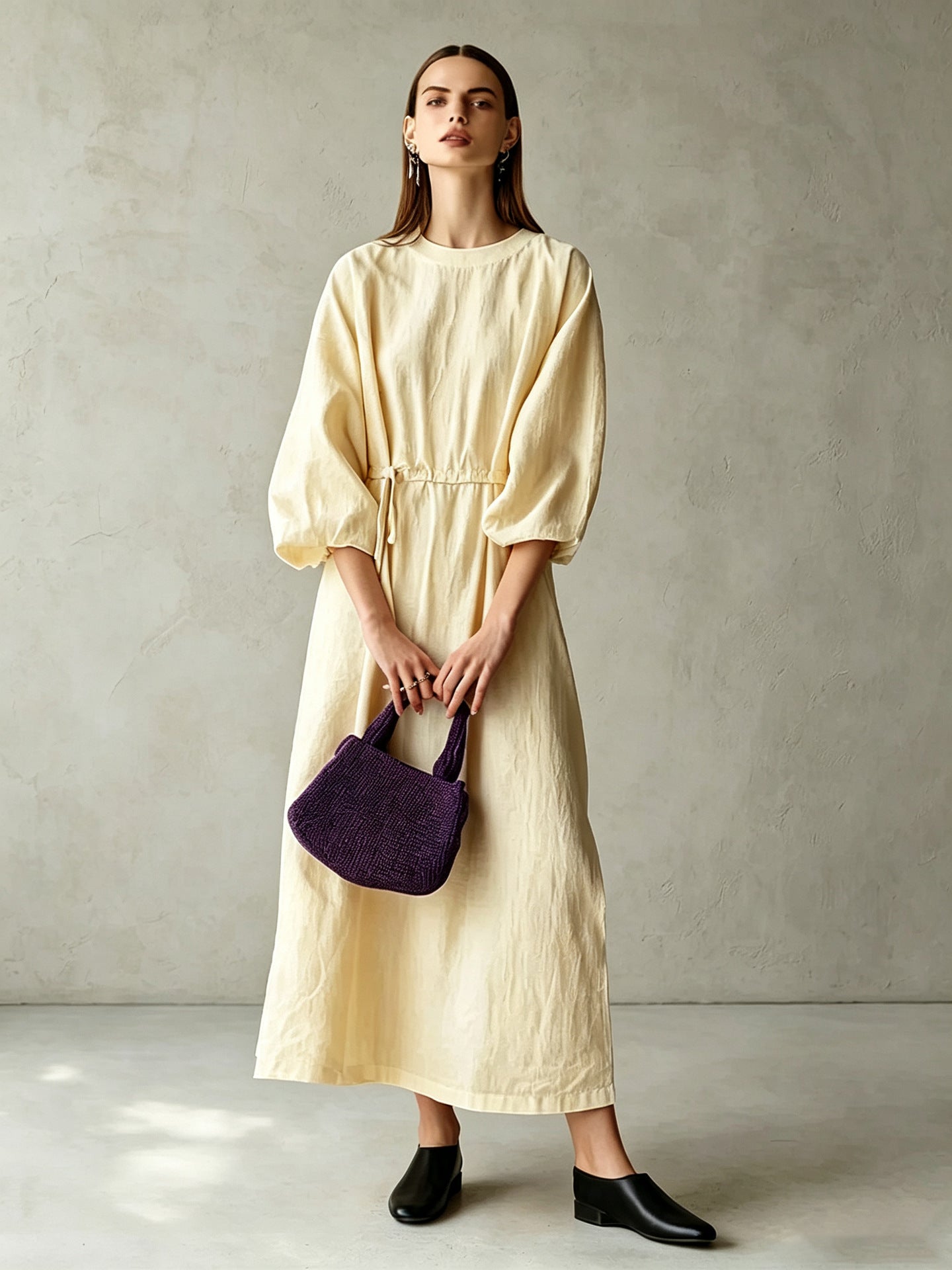 Women's Cream Textured Cotton-Blend Maxi Gown With Drop Shoulder Lantern Sleeves & Self Tie Waist Detail, Modern Effortless-Chic Everyday Maxi Dress