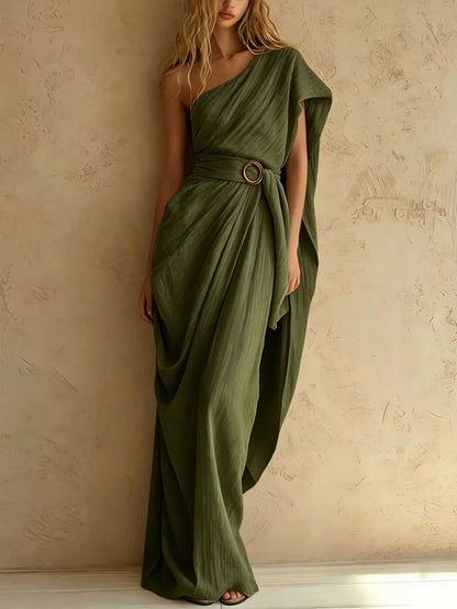 One-Shoulder Draped Belted Maxi Dress